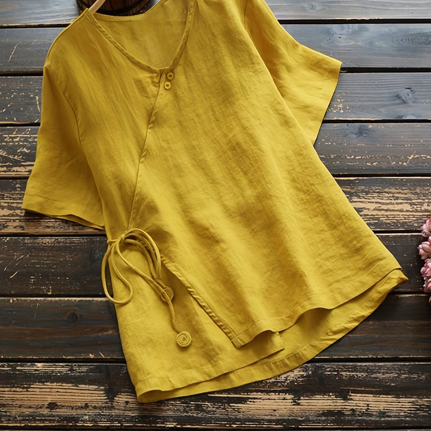  Solid Button Short Sleeve V Neck Wrap Top