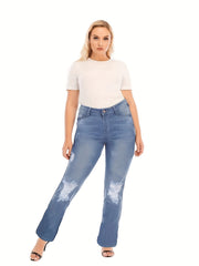  Solid Ripped High Rise Straight Leg Jeans