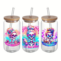 4Pcs Fun Skull Mom UV DTF Transfer DIY Decals for 16 Oz Mason Jar