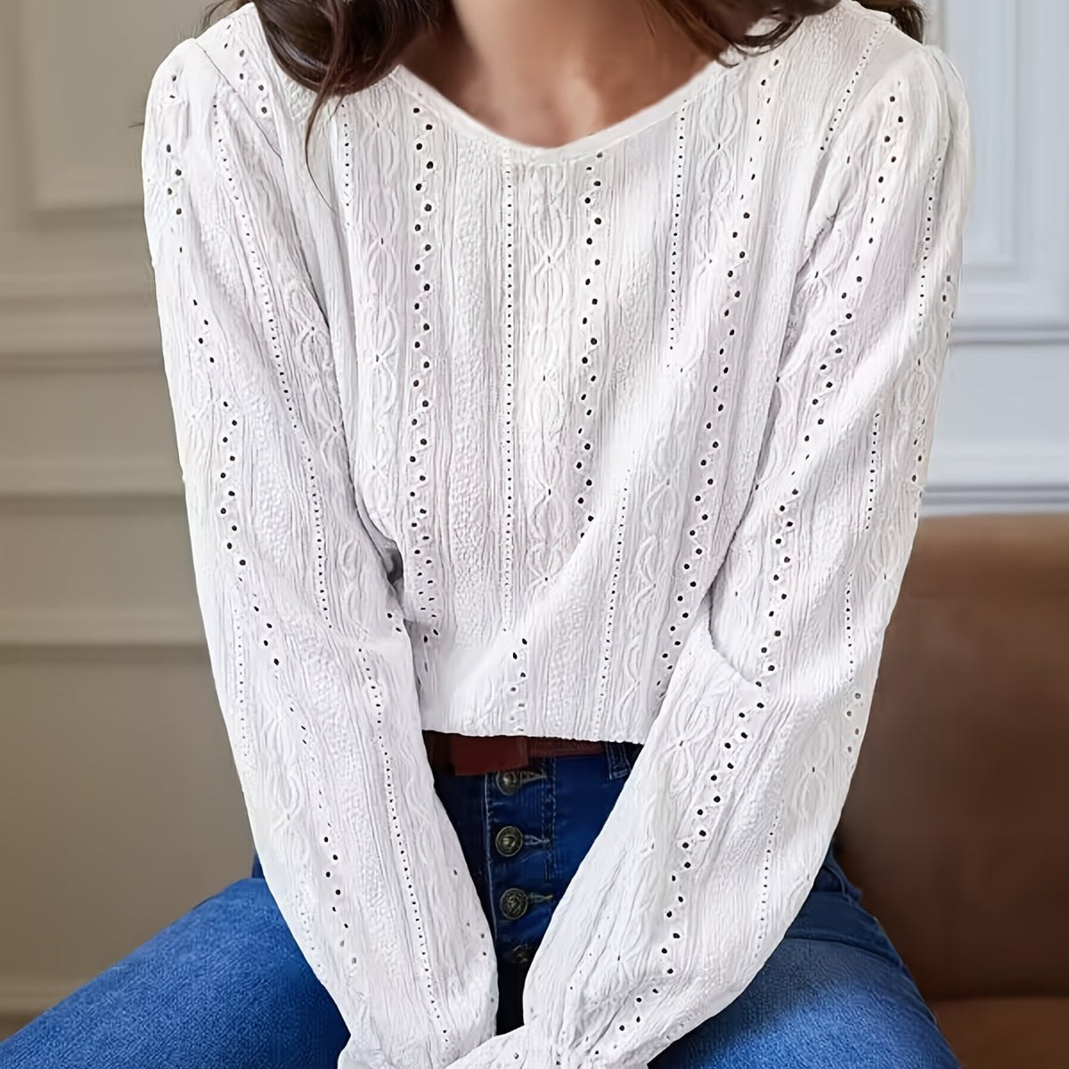  Eyelet Embroidery Sleeve Boat Neck Top