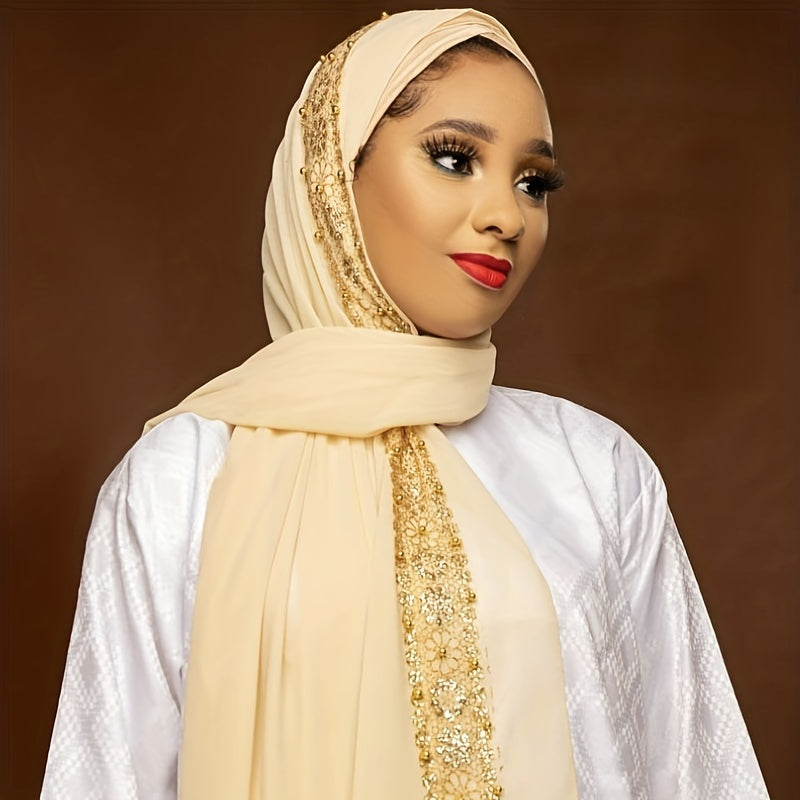 Beaded Lace Chiffon Scarf Hijab Solid Shawl Classic Head Wrap