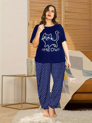  Cat Print Short Sleeve T-shirt & Dot Print Pants Pajama Set