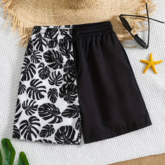 Boy's Plant Pattern Beach Shorts Drawstring Stretchy Casual Kids Clothes