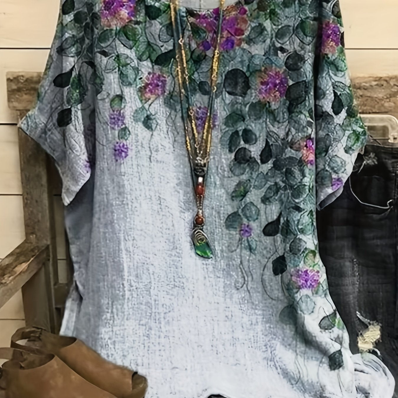  Floral Print Short Sleeve Round Neck Top