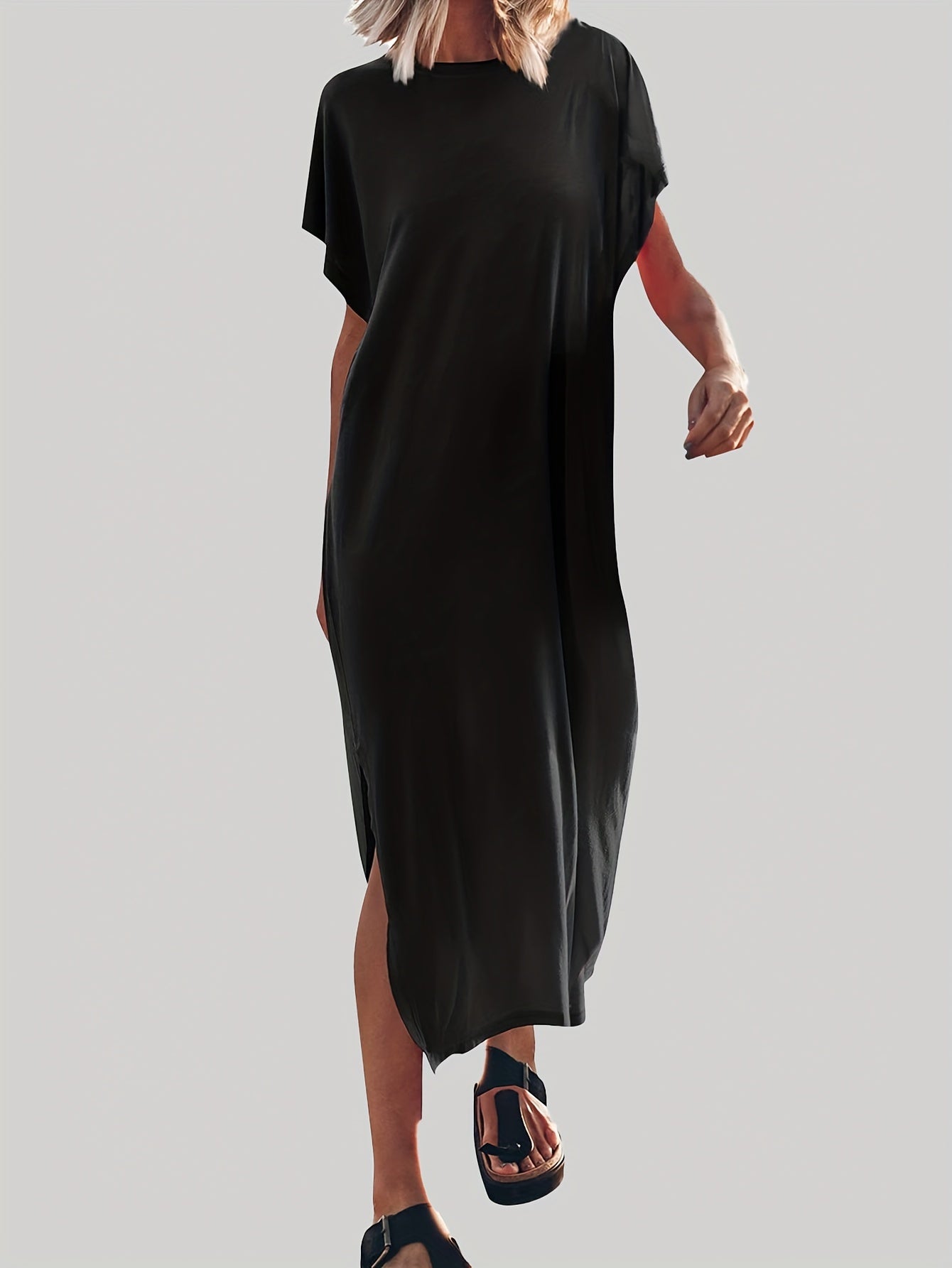  Solid Bat Sleeve Maxi Dress