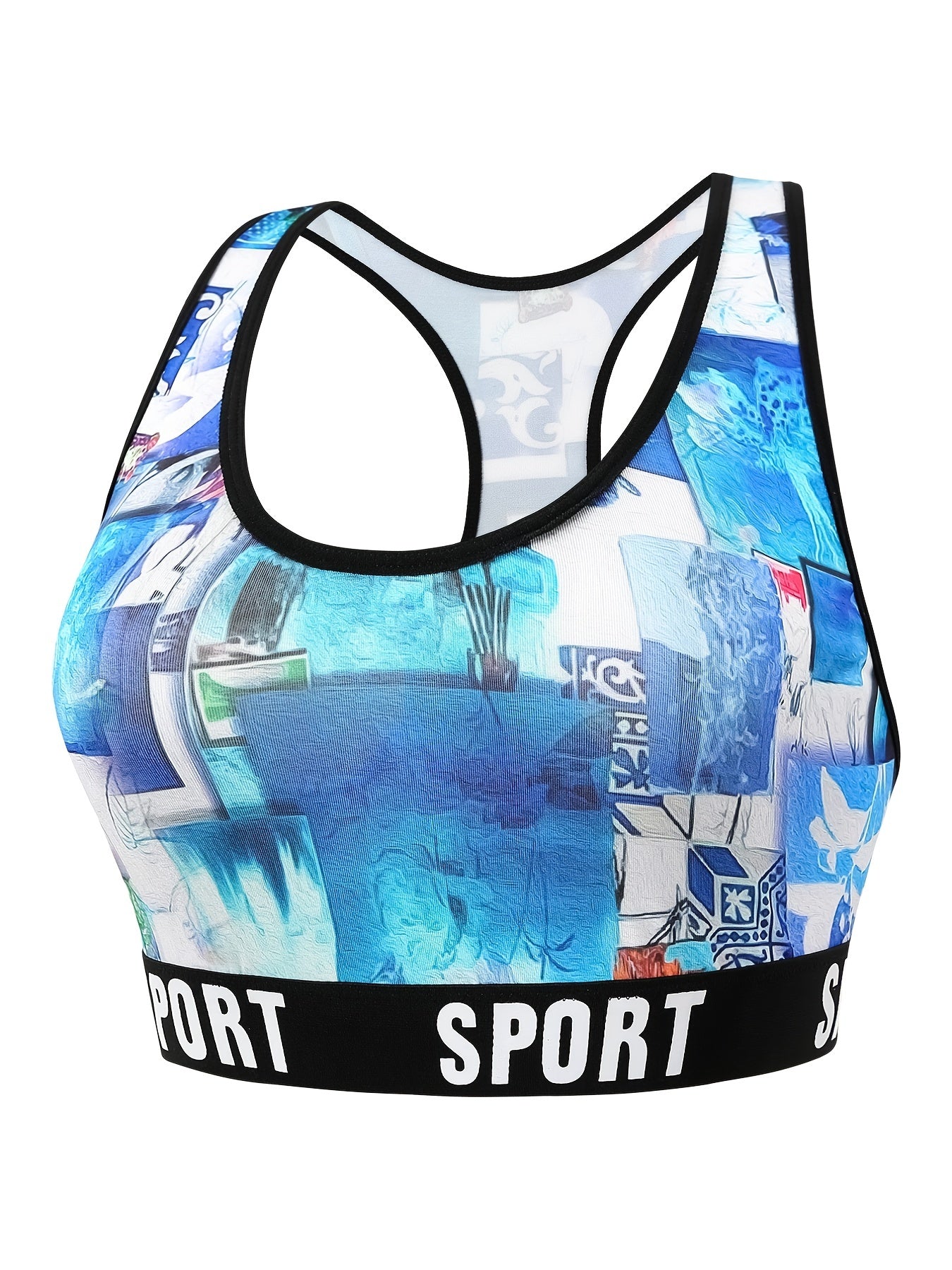 Sea Print Racer Back Bra & Shorts Set Plus Size Women's Sporty Underwear