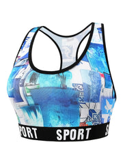 Sea Print Racer Back Bra & Shorts Set Plus Size Women's Sporty Underwear