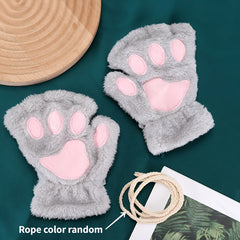 Girls Cat's Paw Gloves Soft Plush Half Finger Gloves Winter Warm Keeping Gloves