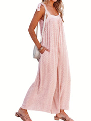 Casual Square Neck Sleeveless Jumpsuit Wide Leg Tie Pockets