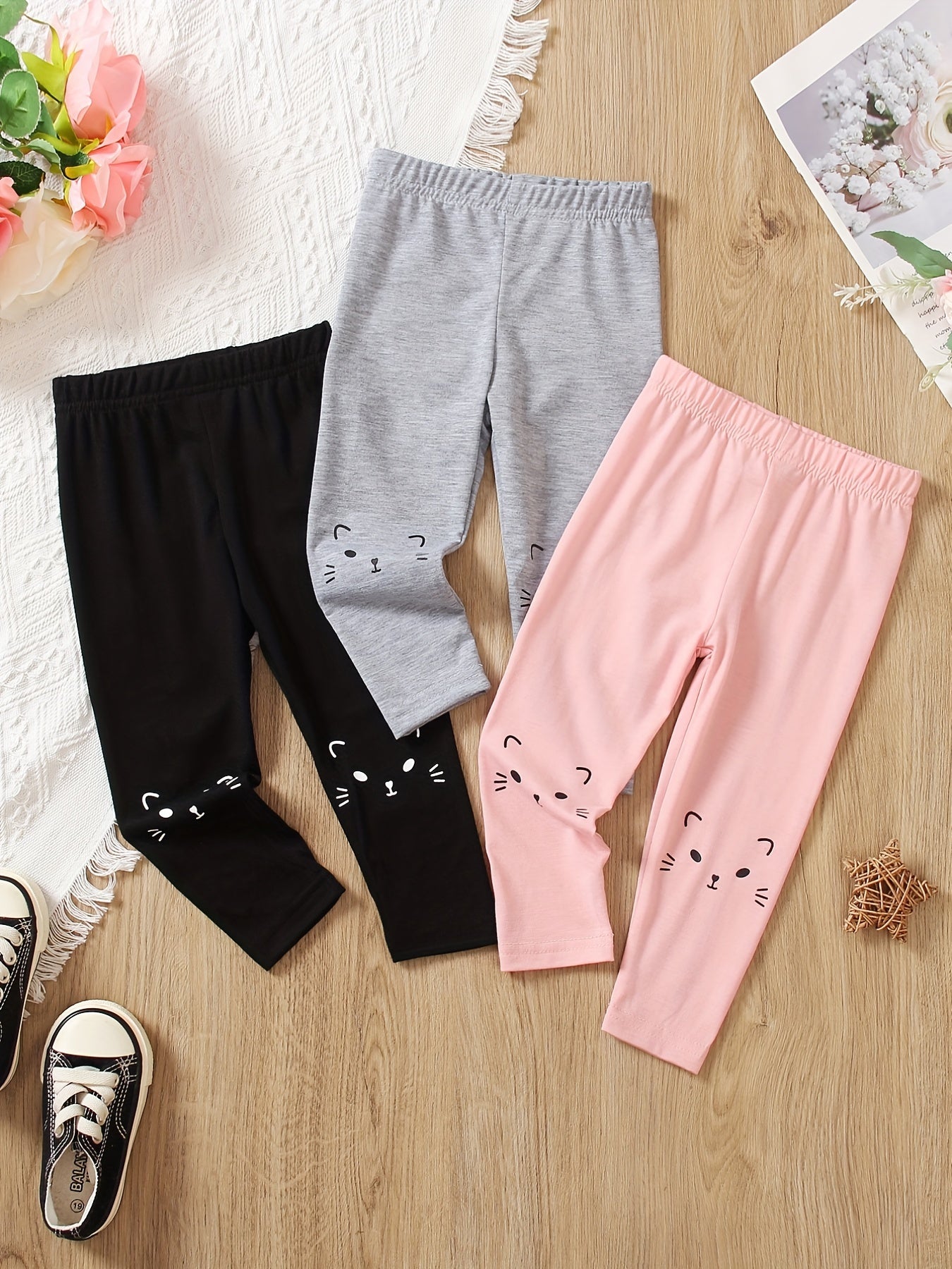 3pcs Girls Cat Print Leggings For Winter
