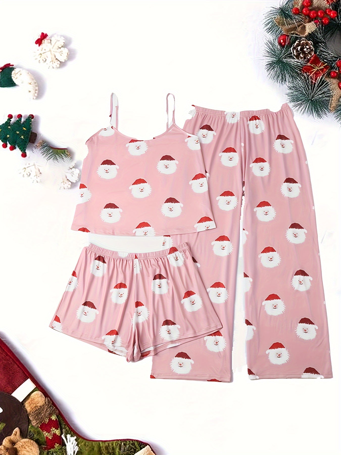  Santa Claus Print Pajama Set with Cami Top & Shorts & Pants