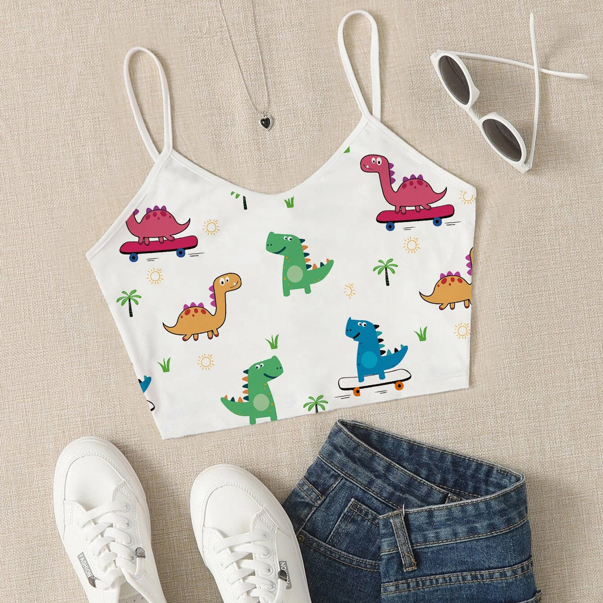 Dinosaur Print Crop Cami Top V Neck Spaghetti Strap Top