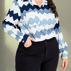  Casual Blouse Women's Plus Colorblock Stripe Print Button Up Long Sle