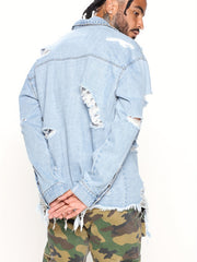 Men's Ripped Denim Jacket Street Style Button Up Collar