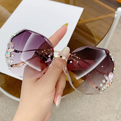 Ombre Lens Sunglasses Rhinestone Decor Oversized Rimless Eyewear UV400