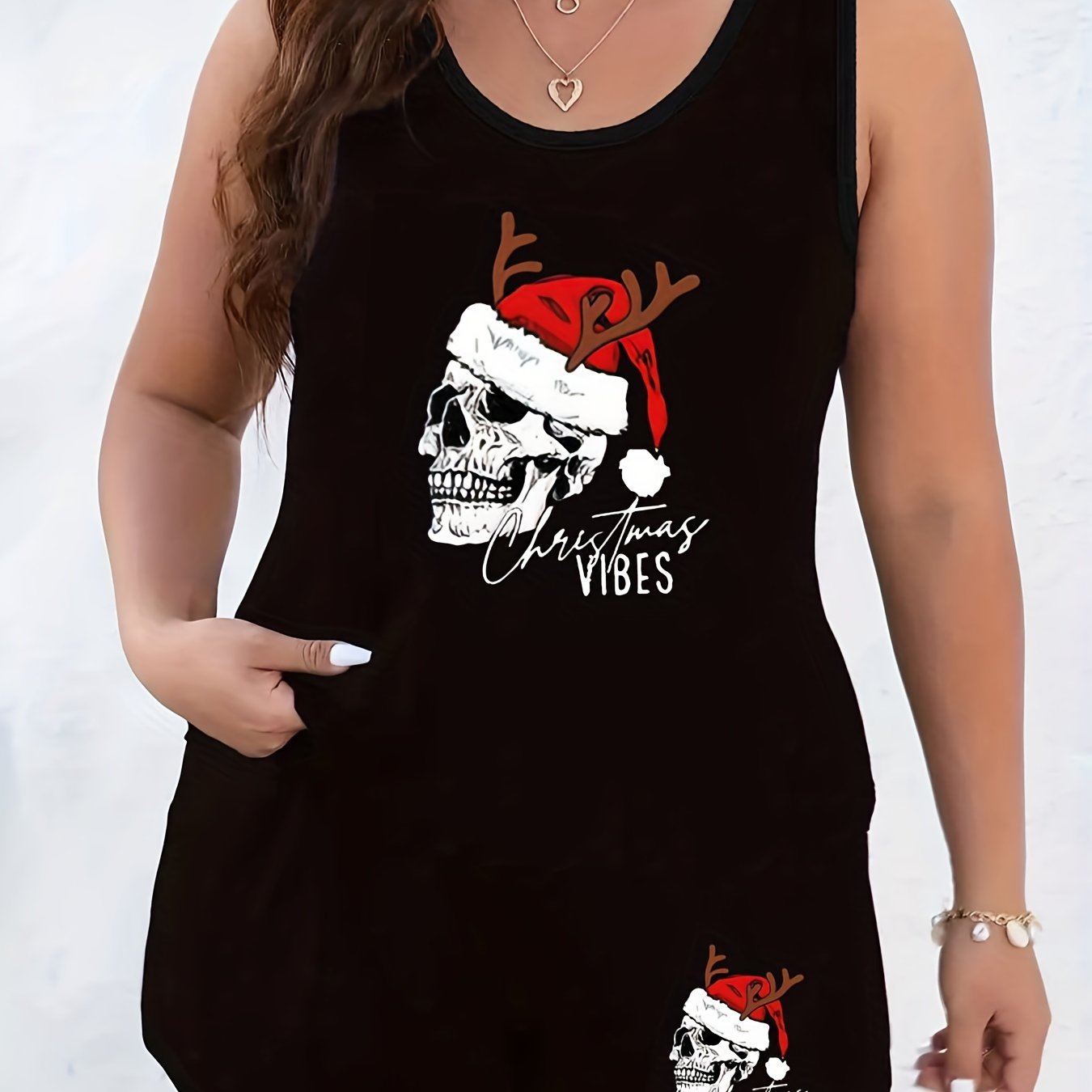  Halloween Lounge Set Christmas Hat Skull Print Tank Top & Shorts Pajam