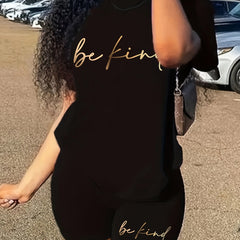  Two Piece Set Women's Plus Letter Print Tee & Shorts Outfit