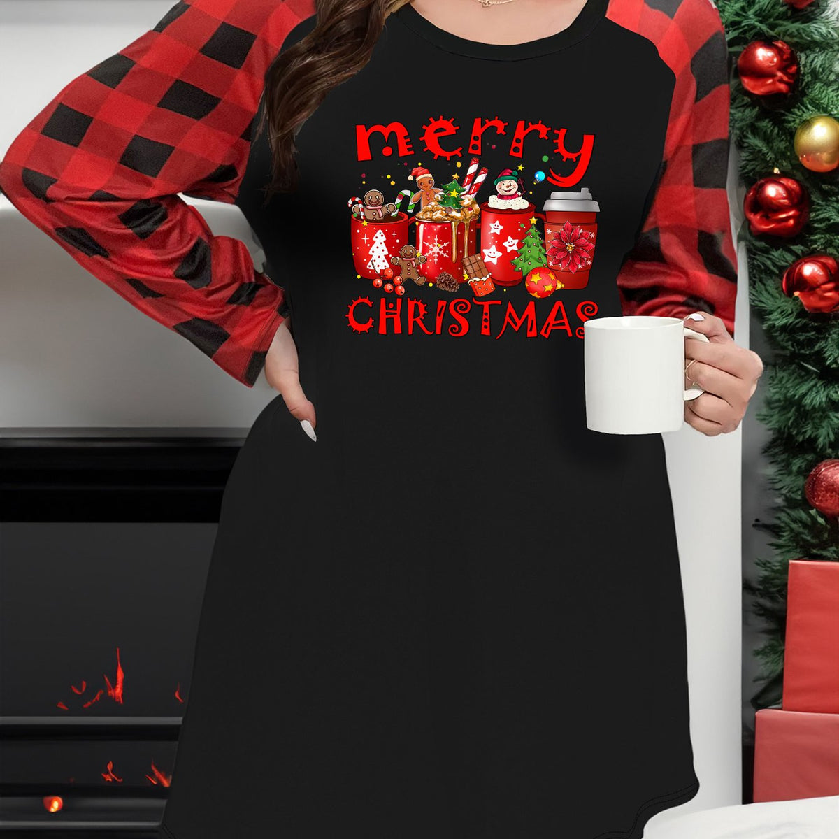  Gingerbread Man Drinks Print Plaid Raglan Sleeve Nightdress