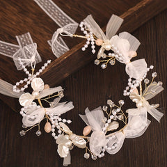 Faux Pearl Bridal Headband with Mesh Streamer Wedding Hair Accessory