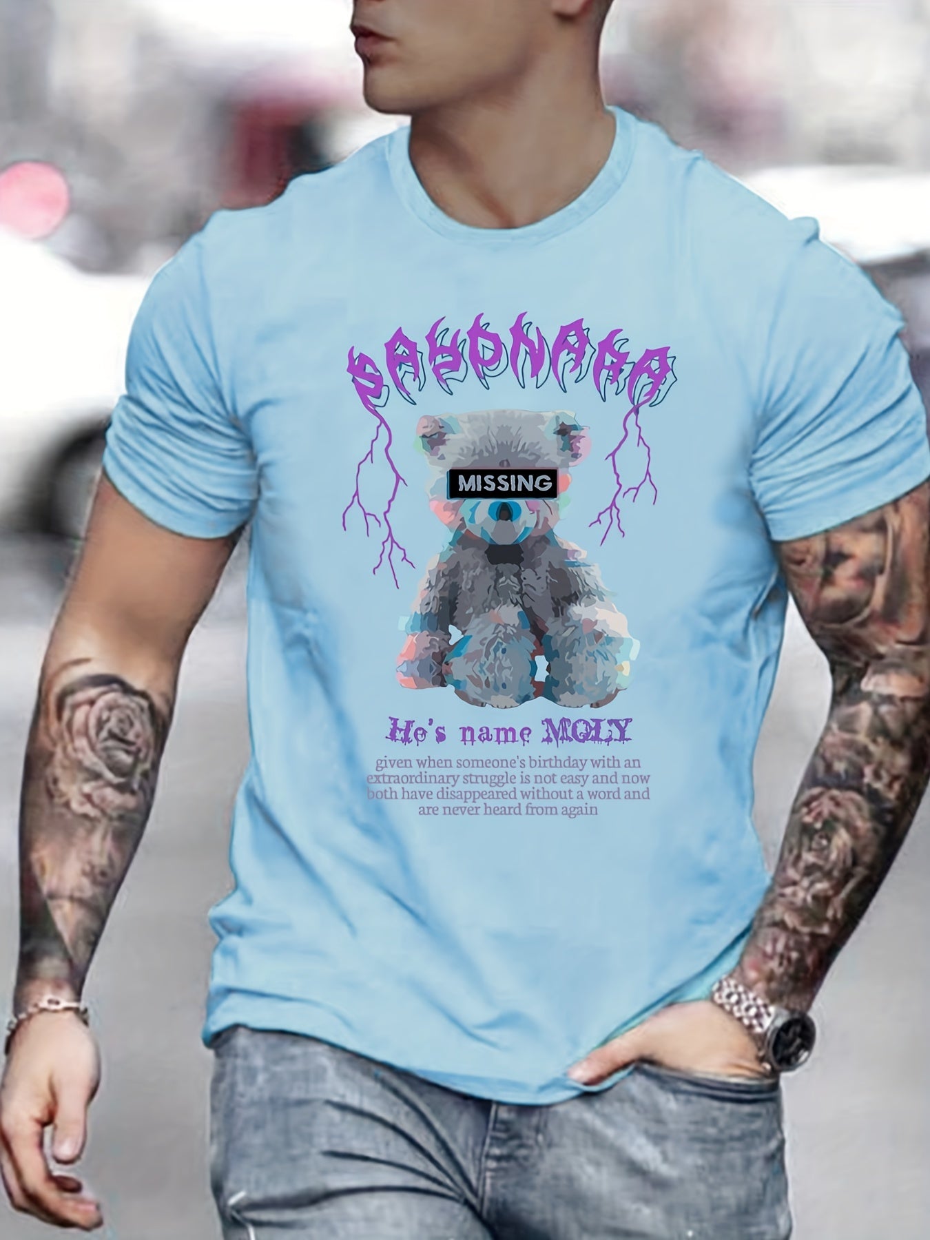 Teddy Bear Print Men's Graphic Crew Neck T-shirt Casual Comfy Tees