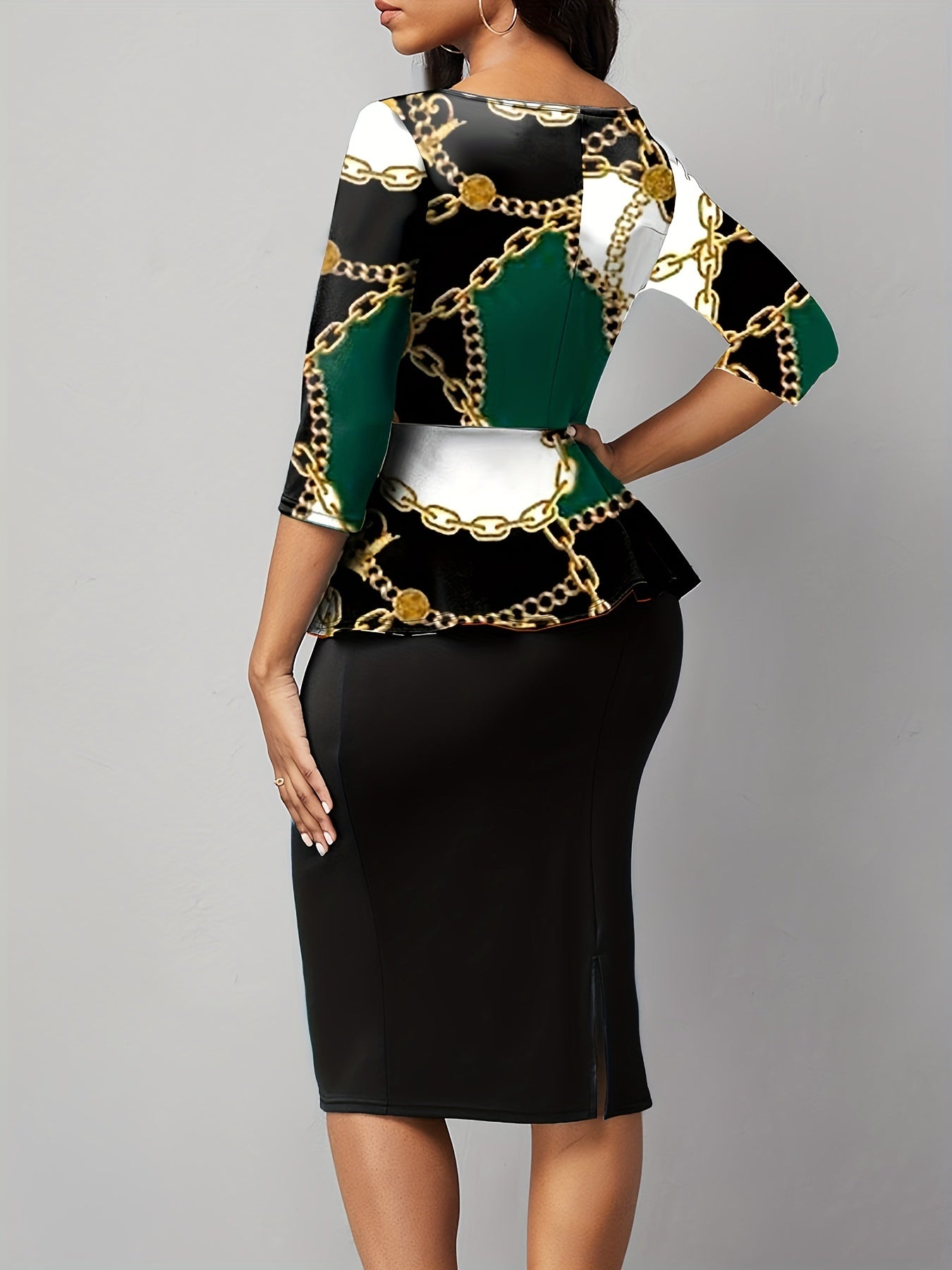  Baroque Print Peplum Top & Midi Skirt Set