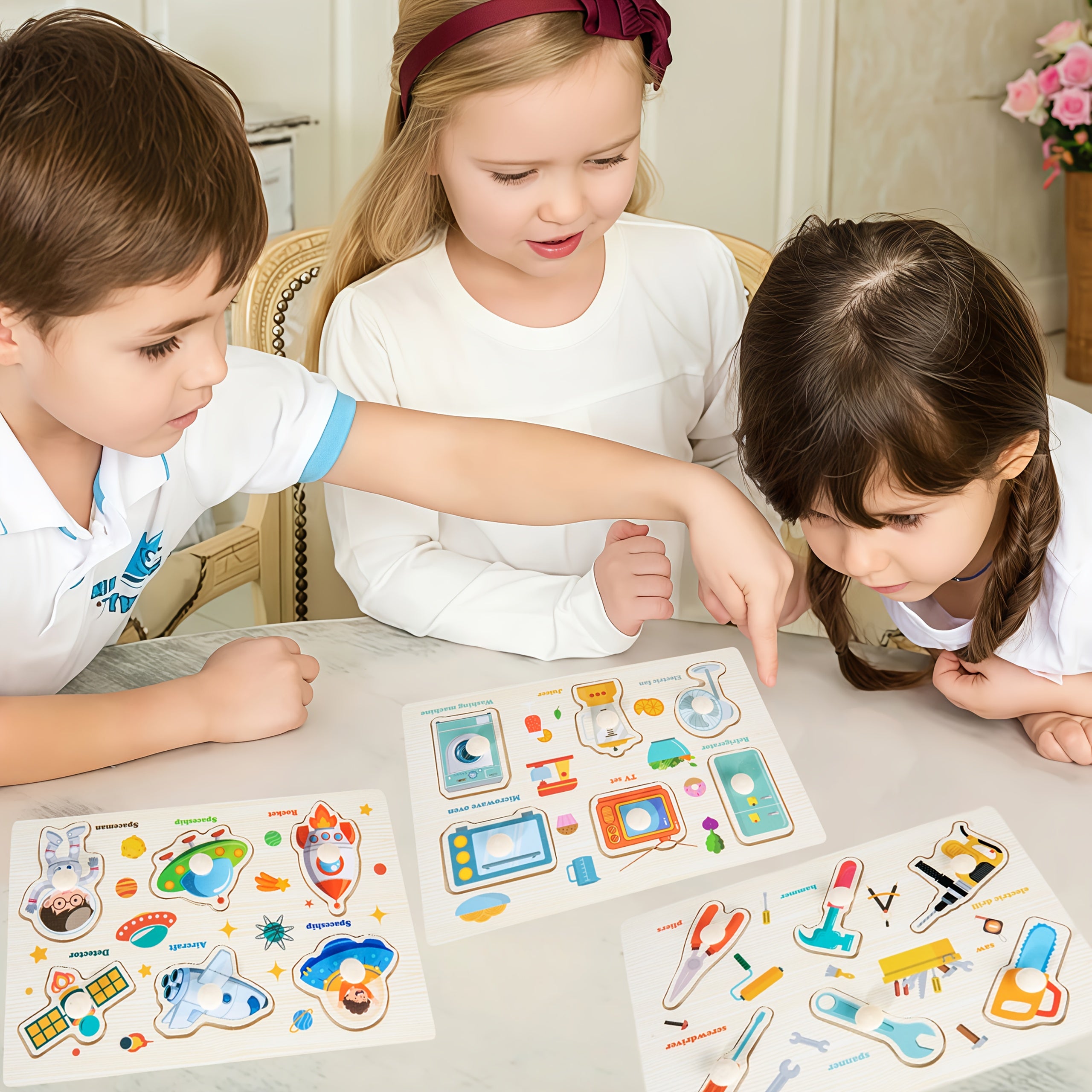 3pcs Wooden Peg Puzzles for Kids Alphabet Numbers Learning Sets Durable Wood