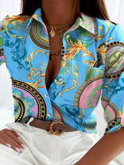  All Over Print Long Sleeve Blouse Women's Casual Button Front Shirt
