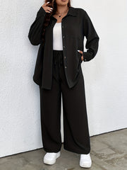 Casual Outfits Two Piece Set Solid Button Up Blouse & Wide Leg Pants