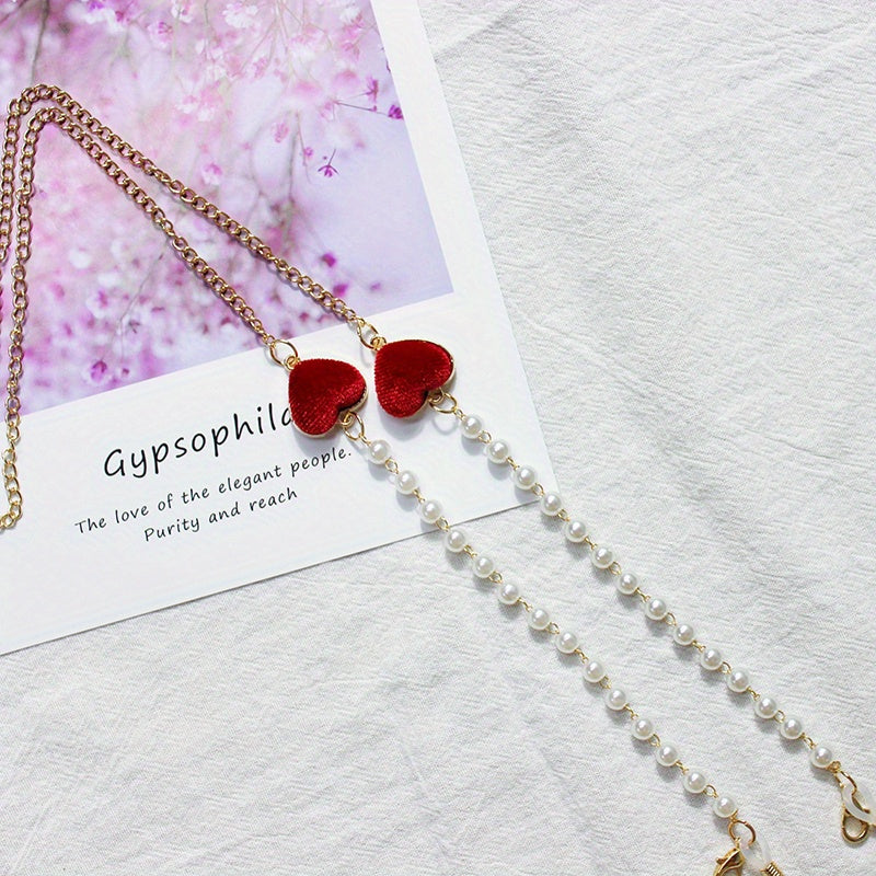 Velvet Double Heart Pendant Mask Chain with Faux Pearl Detail