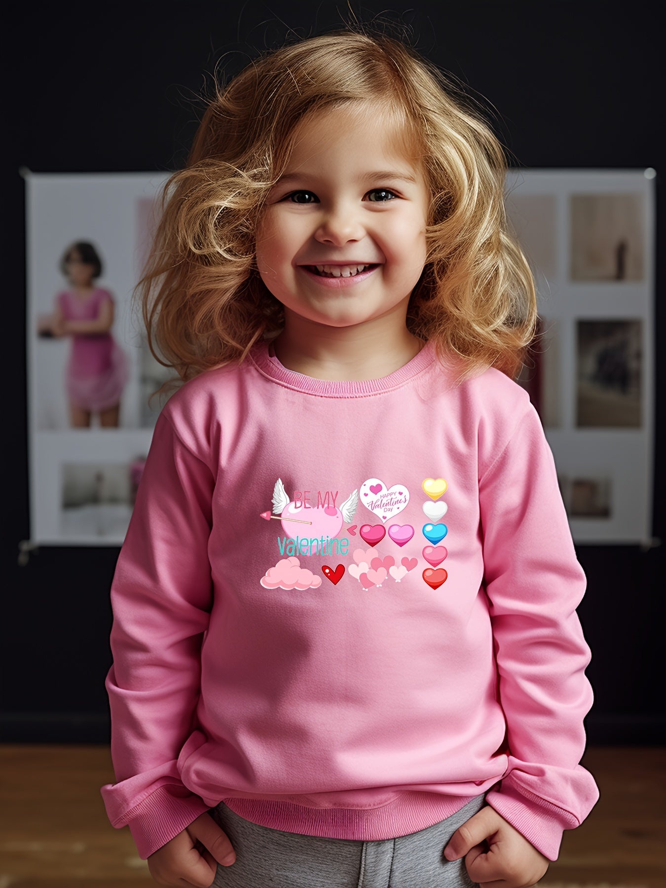 Cartoon Hearts Pattern Crew Neck Long Sleeve Sweatshirt for Girls Kids