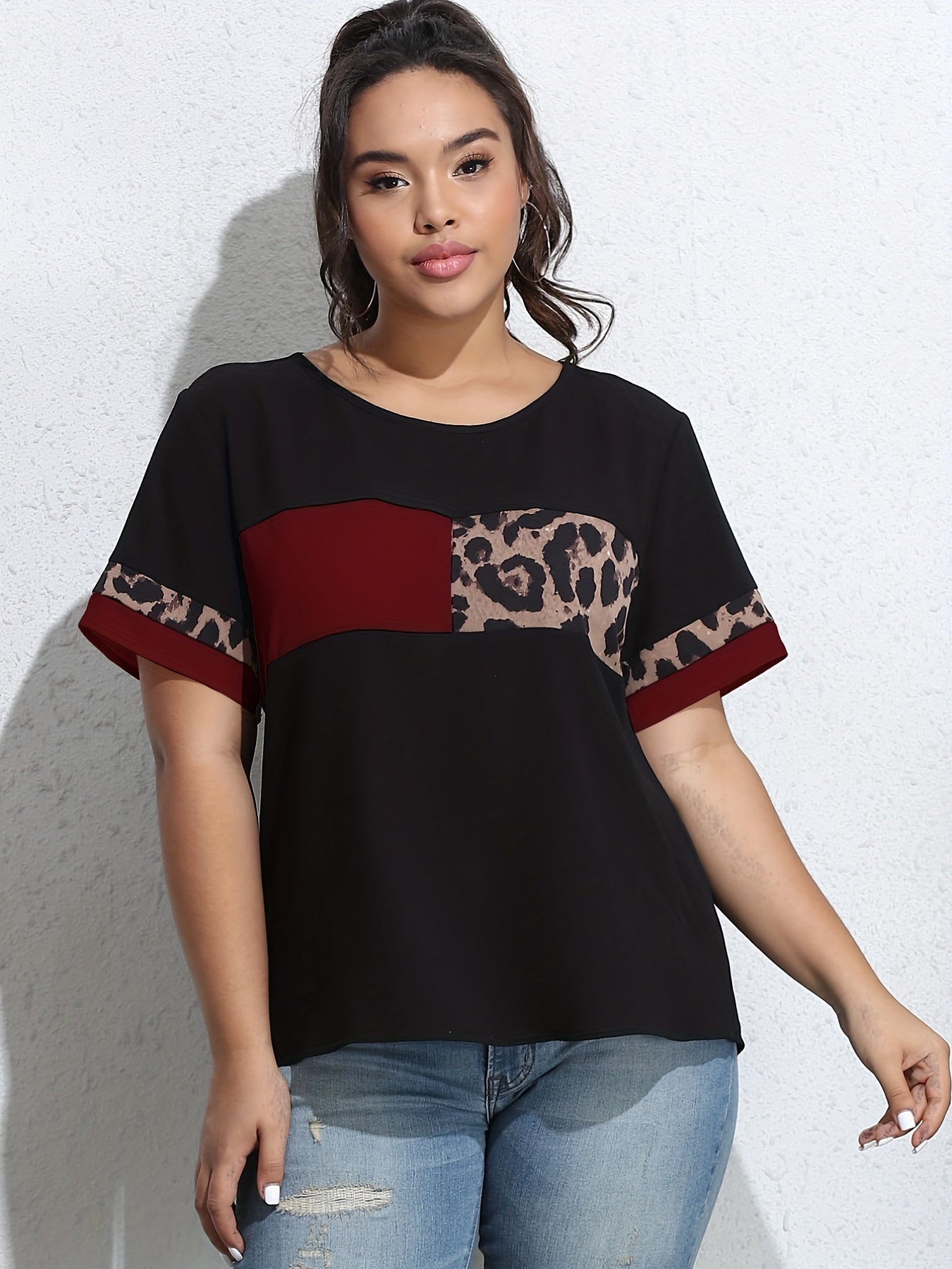  Colorblock Leopard Print Tee