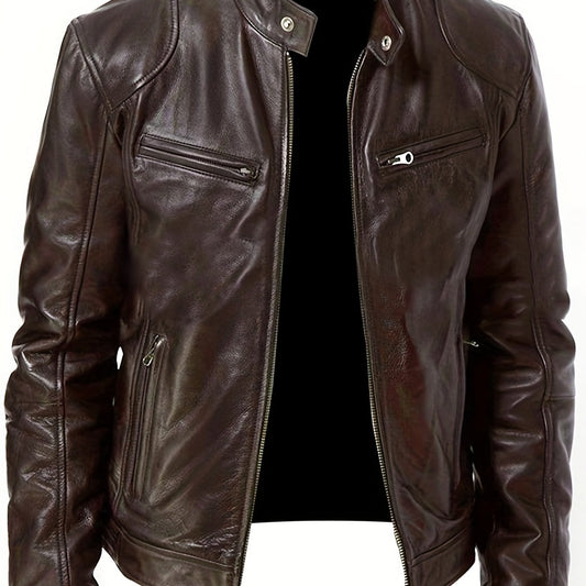 Men's Casual Solid Zip Up Stand Collar Faux Leather Jacket