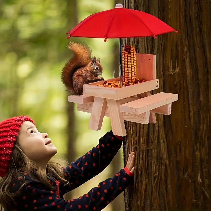 Squirrel Feeder Picnic Table Umbrella Wooden Outside Corn Chipmunk Feeder
