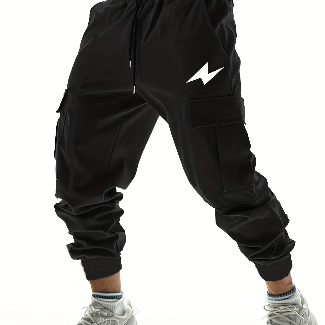 Lightning Pattern Casual Side Pockets Drawstring Joggers Men's Cargo Pants