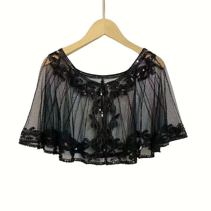 Vintage 1920s Sequin Leaf Embroidery Shawl Beaded Wrap