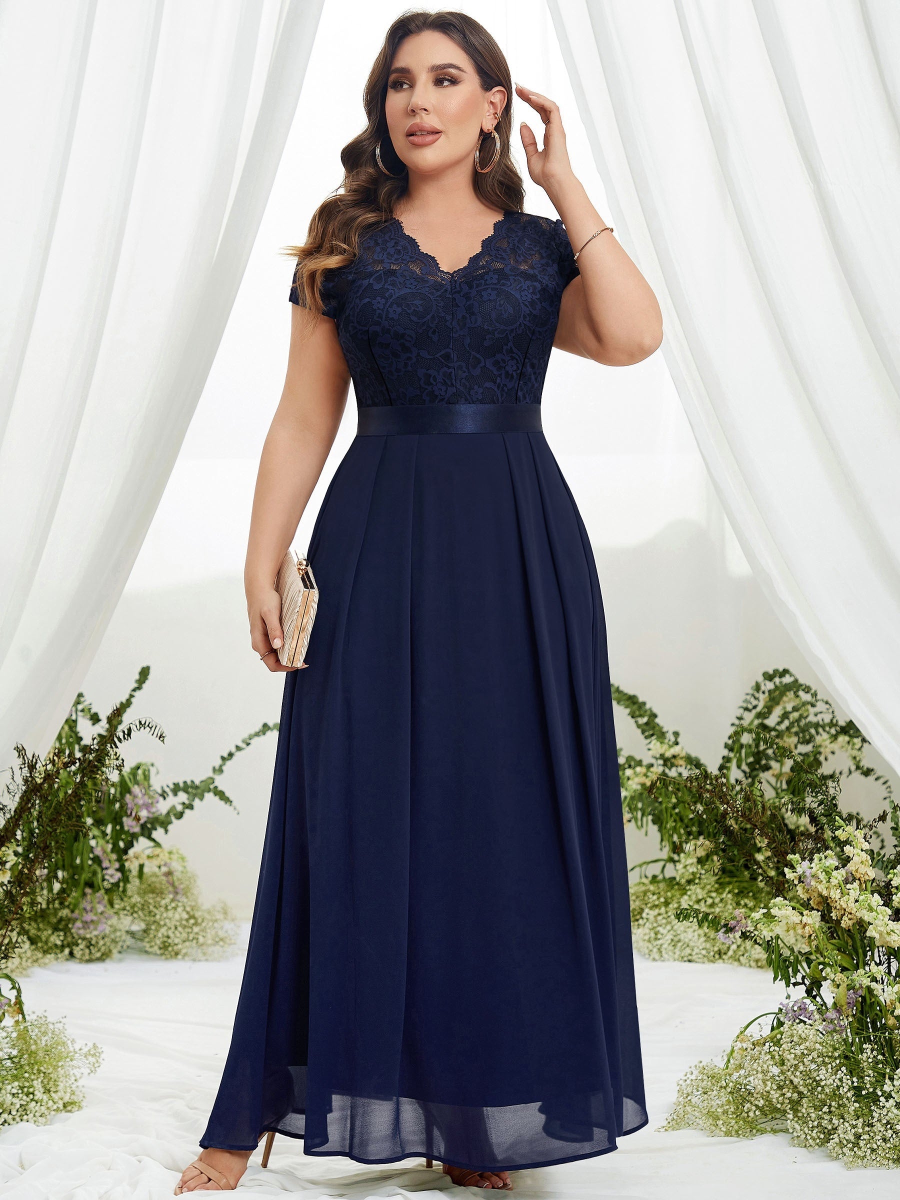  Bridesmaid Dress Solid Lace Short Sleeve V Neck Maxi Formal Dress