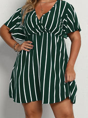  Stripe Print Short Sleeve Surplice Neck Dress