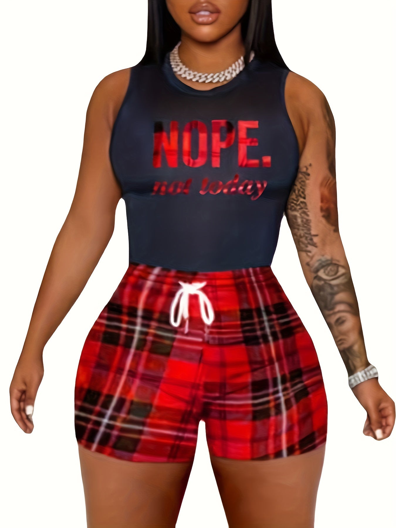  Tank Top & Plaid Shorts Two Piece Set