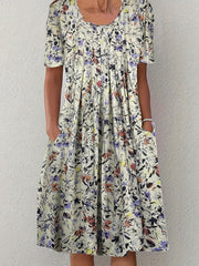  Floral Print Pleated Short Sleeve Dress