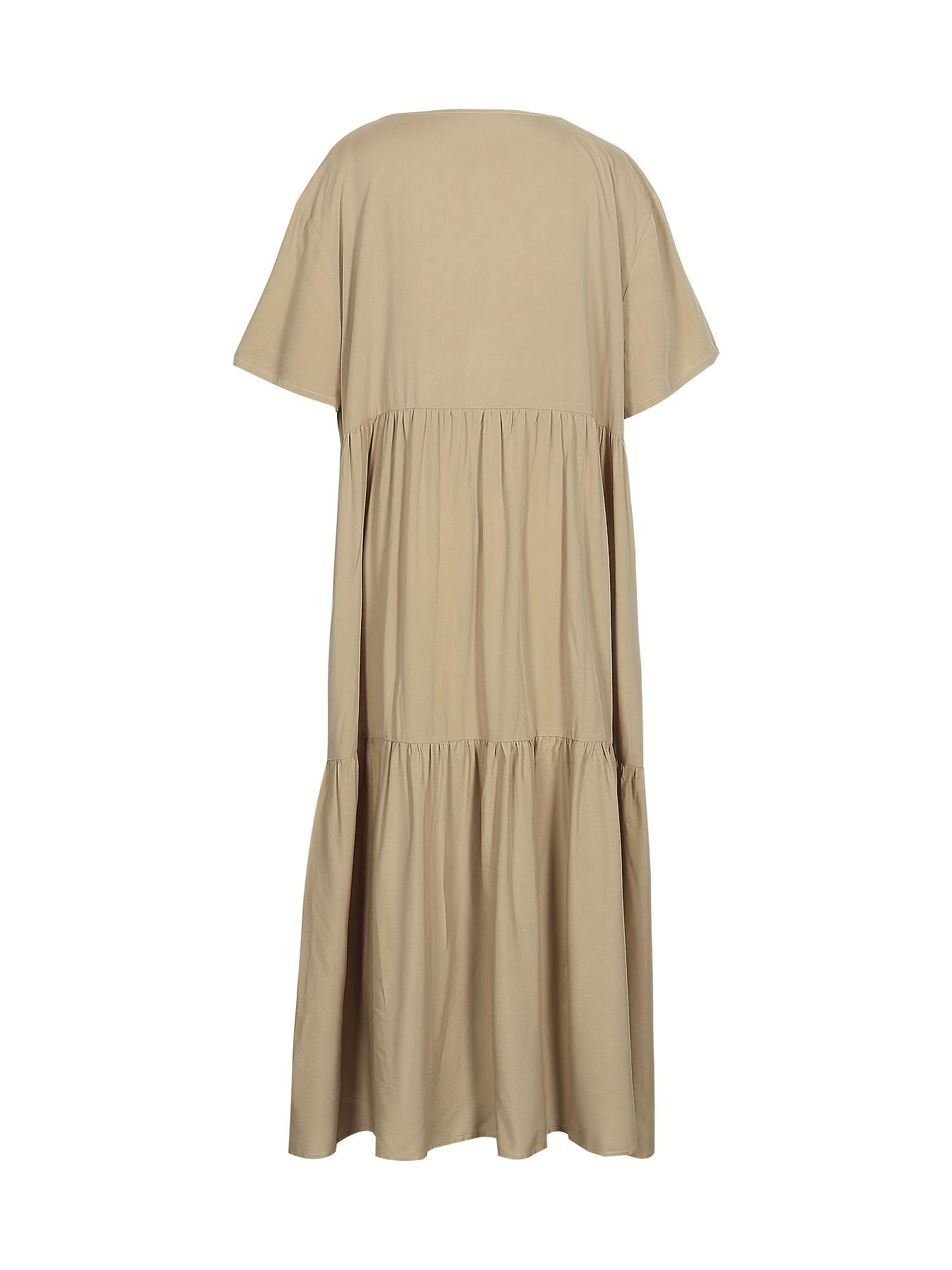  Solid V Neck Ruffle Trim Smock Dress
