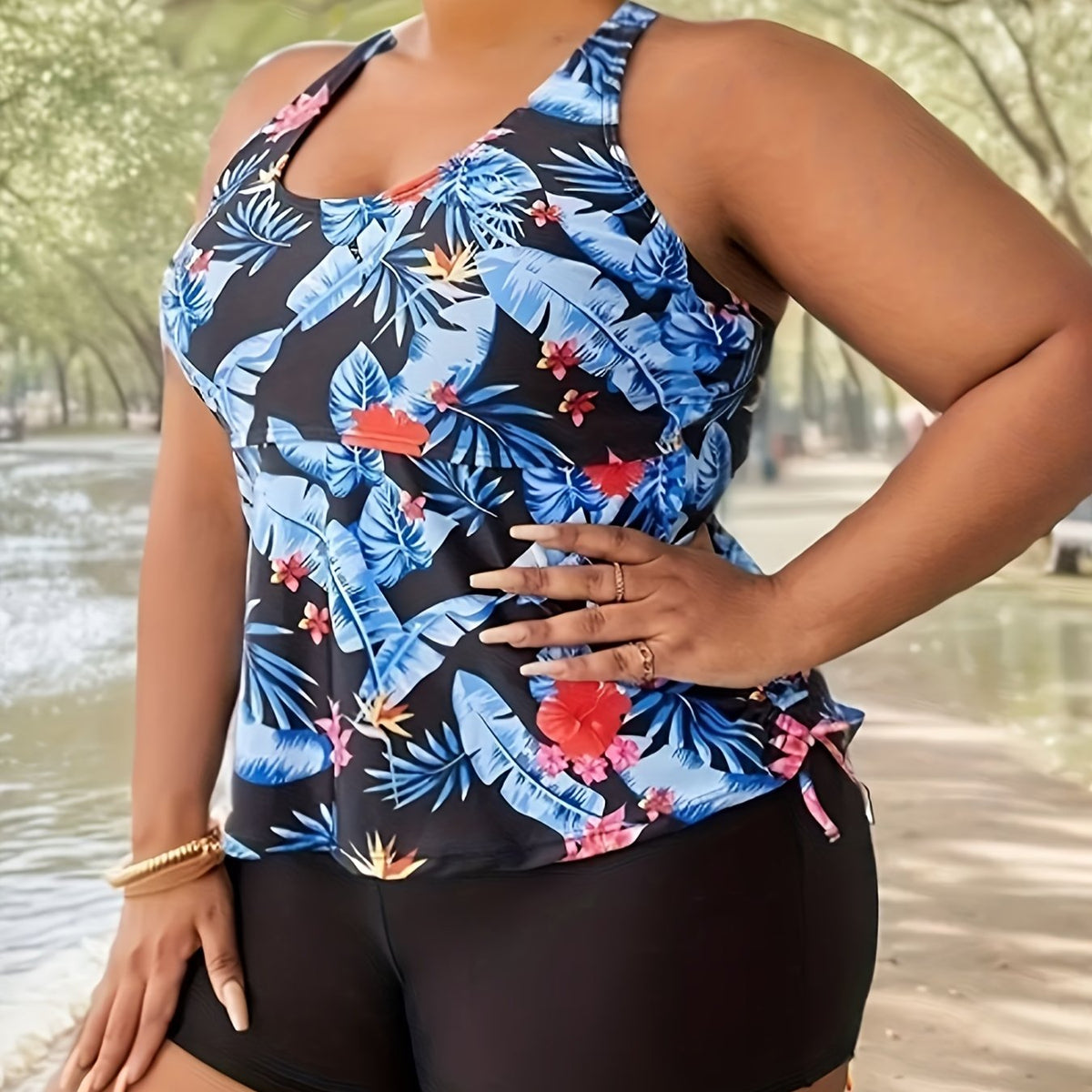  Tropical Print Tankini Set with Drawstring Top & Shorts