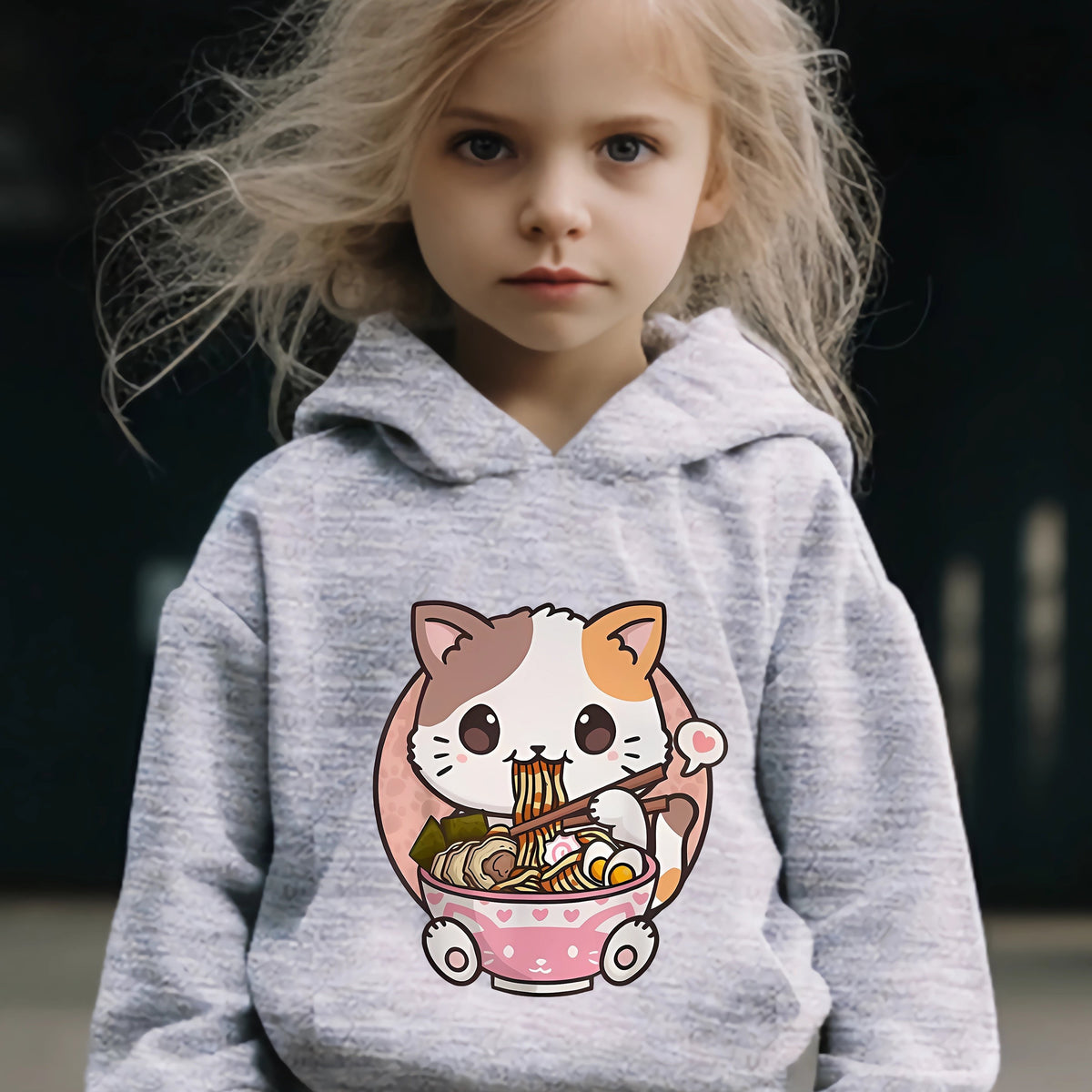 Cartoon Cat & Ramen Print Hoodie & Pants Set - Girl's Sporty Clothes