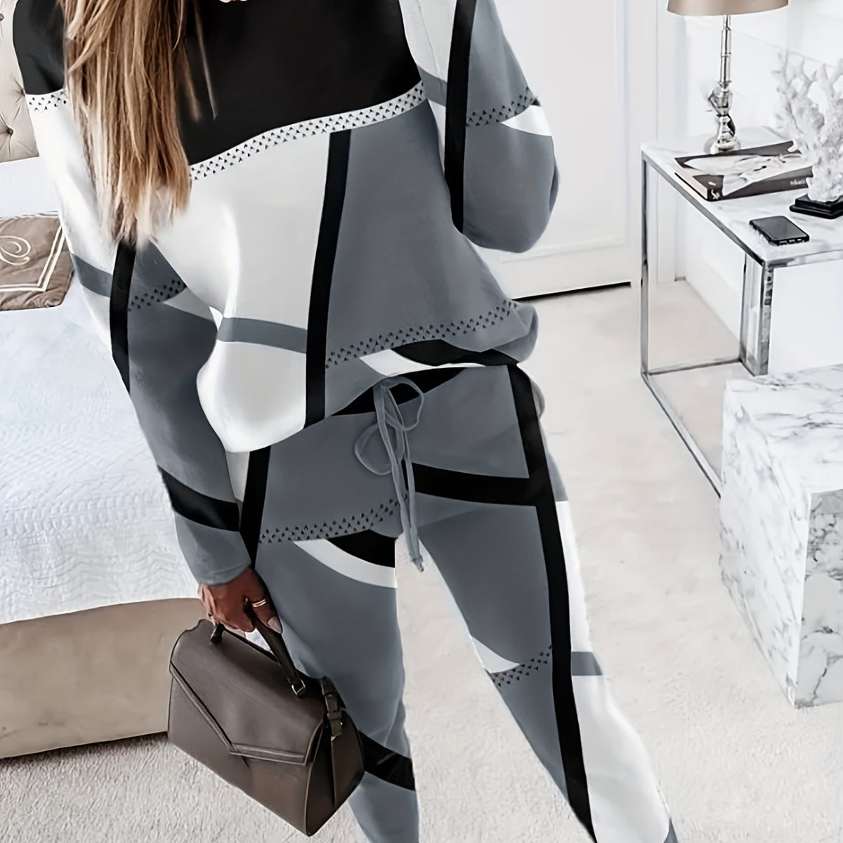 Casual 2pc Set Crew Neck Long Sleeve Tops & Drawstring Long Pants