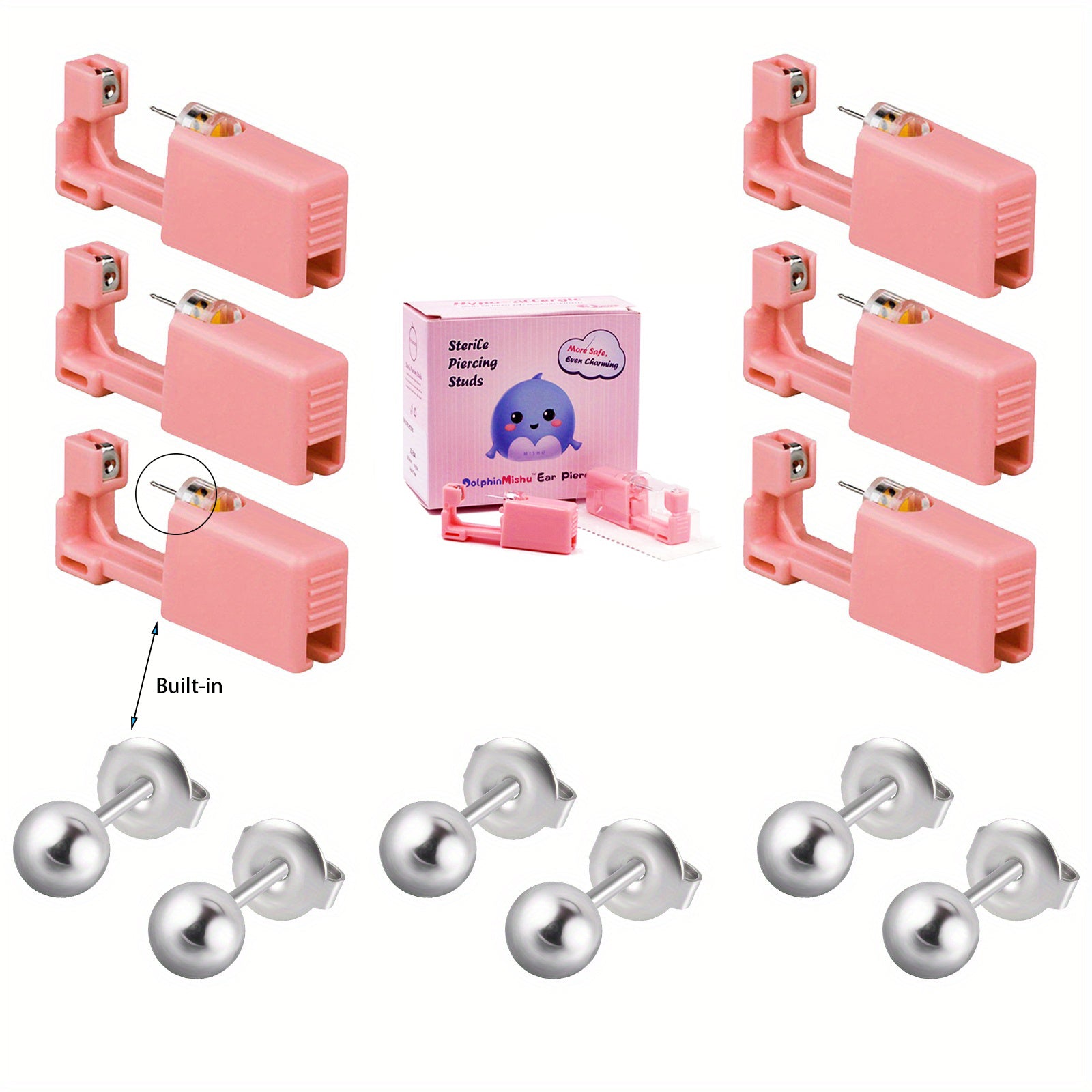 6PCS Pink Ear Piercing Kit Disposable Self Ear Piercing Gun Kit