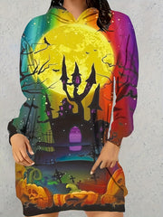 Women's Plus Monster & Pumpkin Print Hooded Sweatshirt Dress