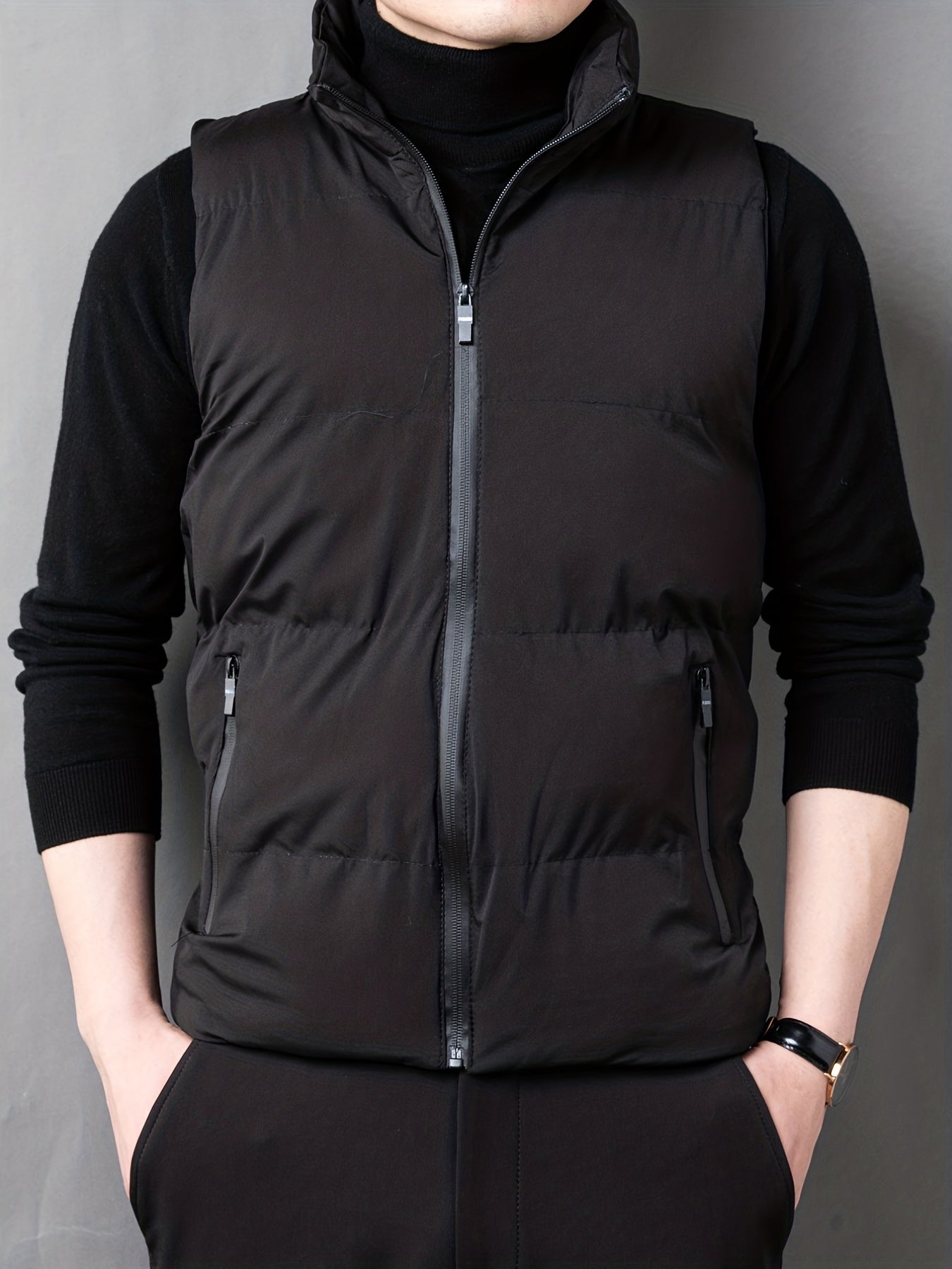 Men's Zip Up Pockets Stand Collar Winter Vest