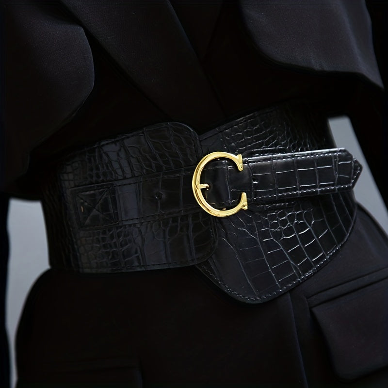 Stone Pattern Embossed PU Belt C Buckle Wide Belt Vintage Dress Coat
