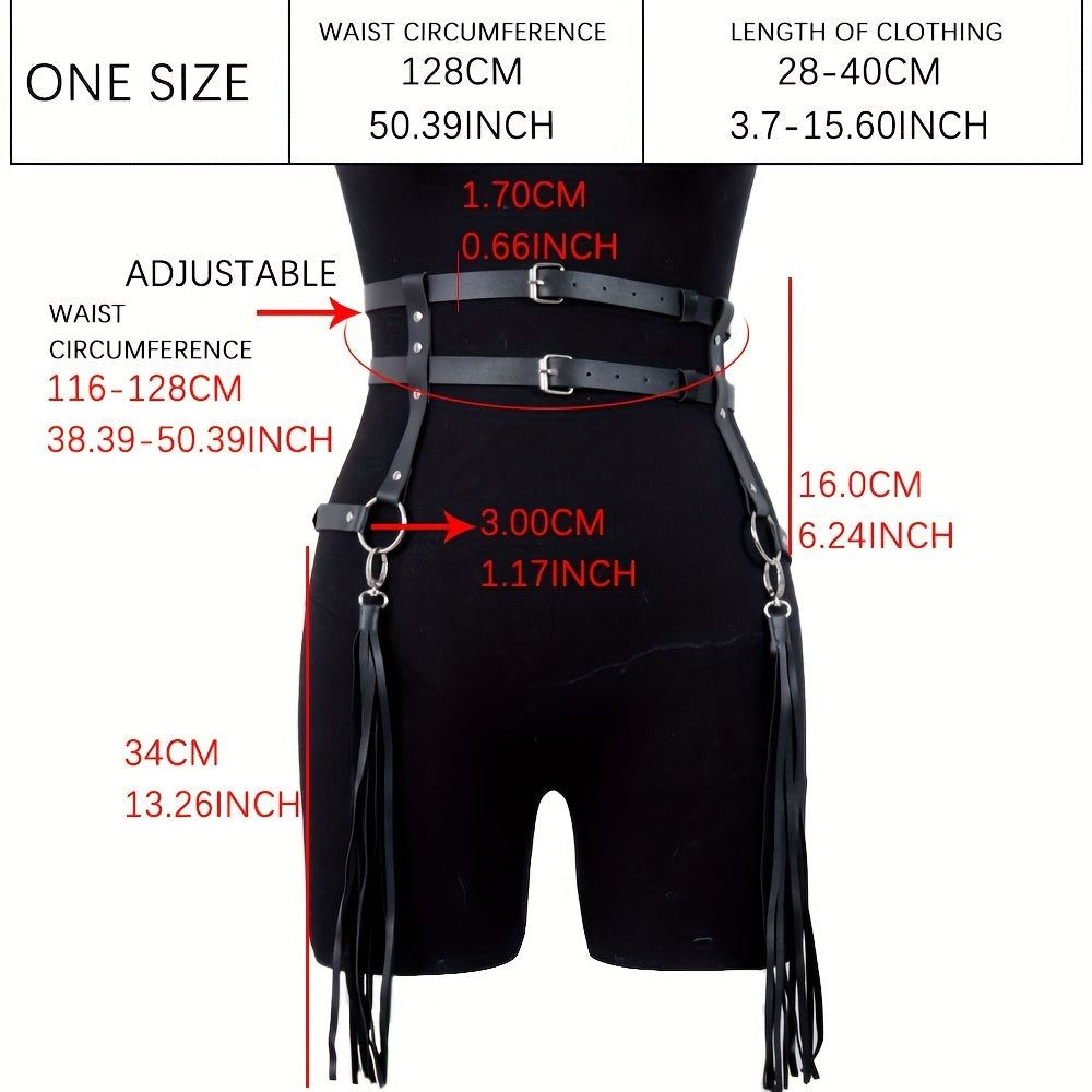  Double Layer Harness Belt PU Leather Fringe Gothic Waistband