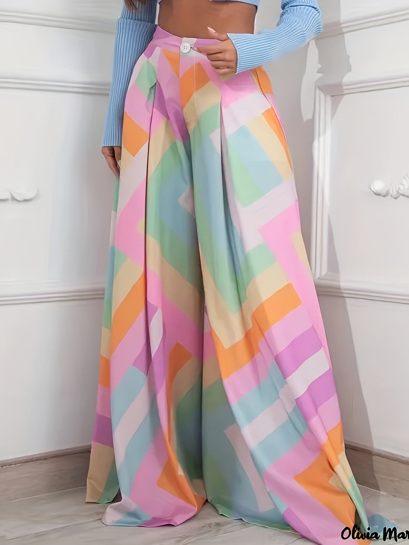  Colorblock Geometric Print High Rise Button Fly Flare Leg Pants