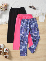 3pcs Girls Ankle Pants Stretchy Printed Legging Pants